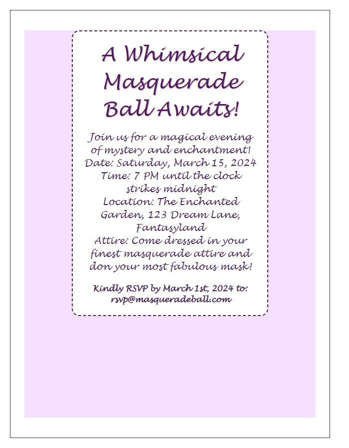 Letter template of whimsical masquerade ball invite