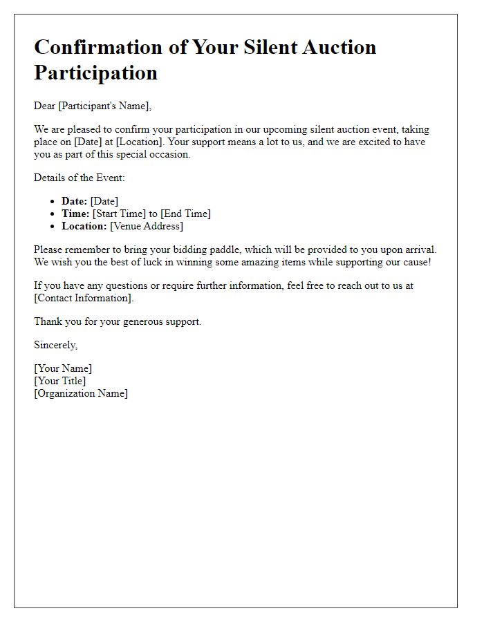 Letter template of confirmation of silent auction participation