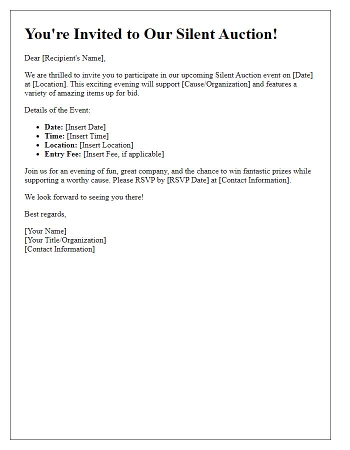 Letter template of invitation to participate in a silent auction event