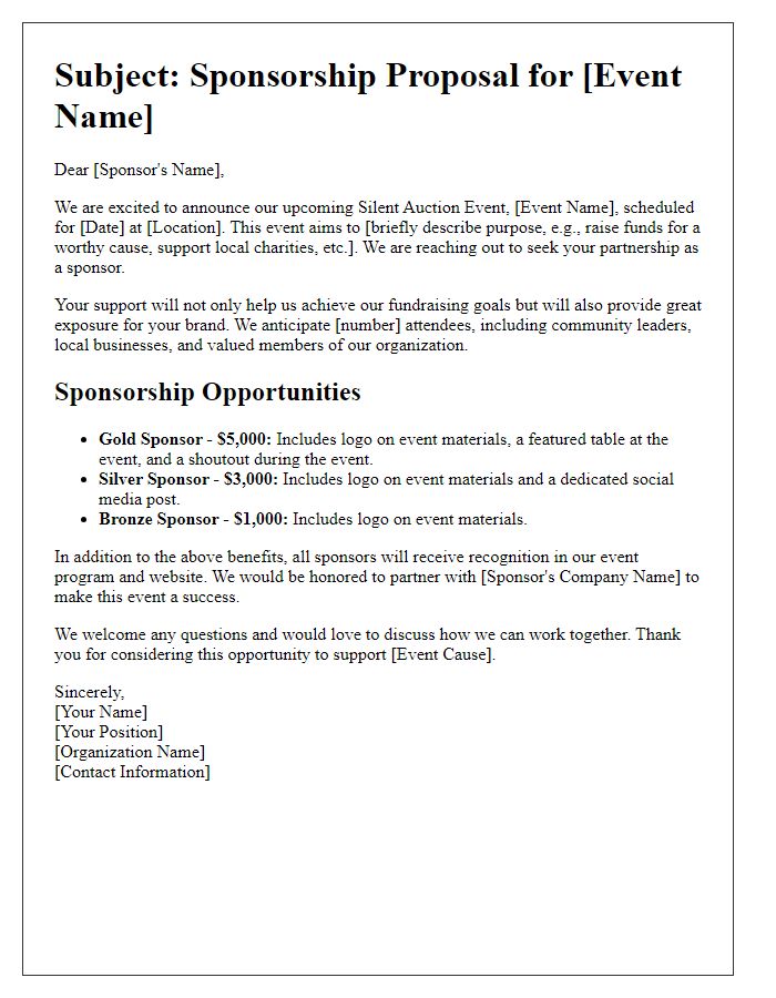 Letter template of sponsorship proposal for a silent auction event