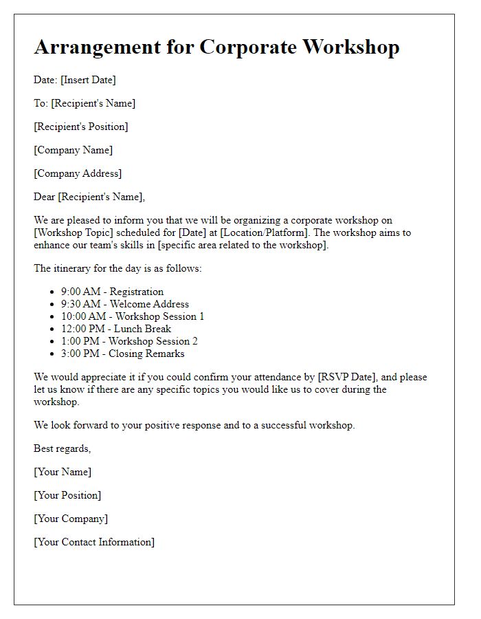 Letter template of arranging a corporate workshop.