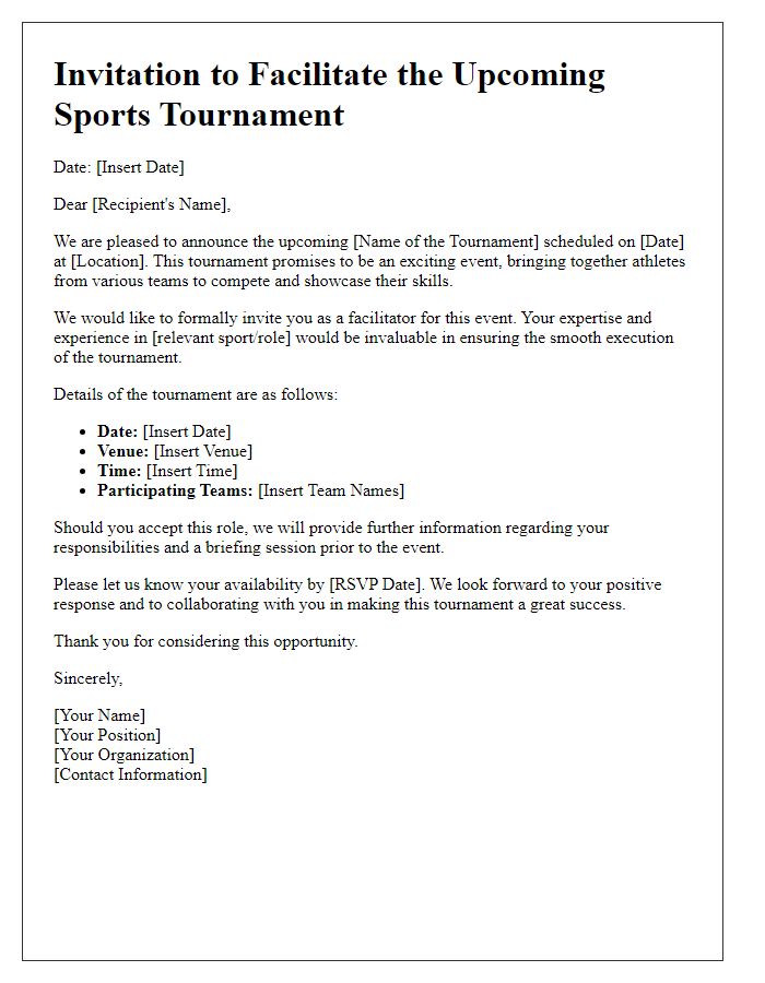 Letter template of facilitating a sports tournament.