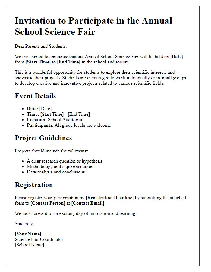 Letter template of leading a school science fair.