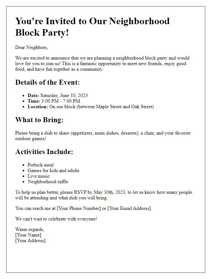 Letter template of planning a neighborhood block party.