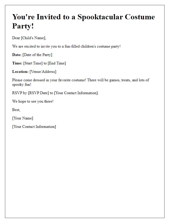 Letter template of children's costume party invitation