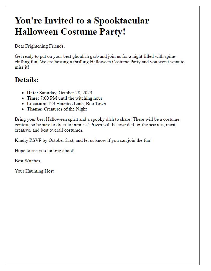 Letter template of spooky Halloween costume party invite