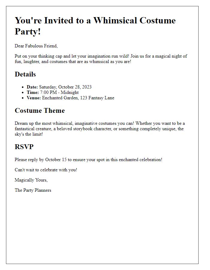 Letter template of whimsical costume party invitation