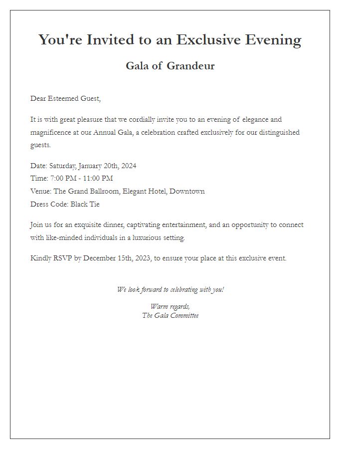 Letter template of elegant gala invitation for exclusive attendees