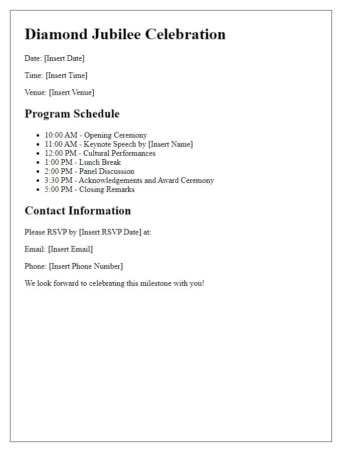 Letter template of program details for diamond jubilee celebration.