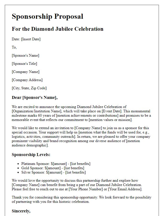 Letter template of sponsorship proposal for diamond jubilee celebration.