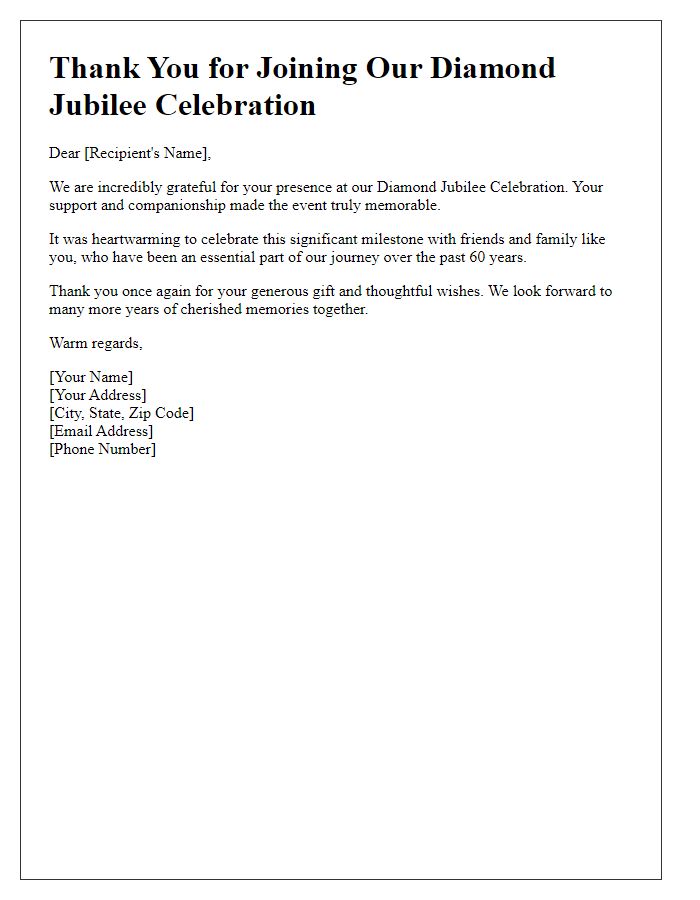 Letter template of thank you for diamond jubilee celebration.