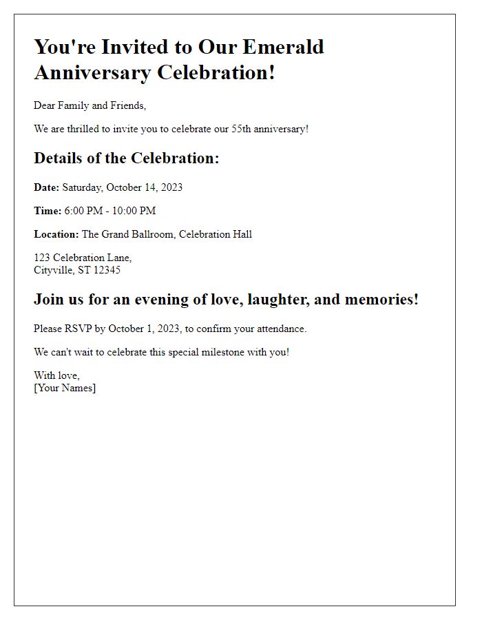 Letter template of emerald anniversary celebration invitation.