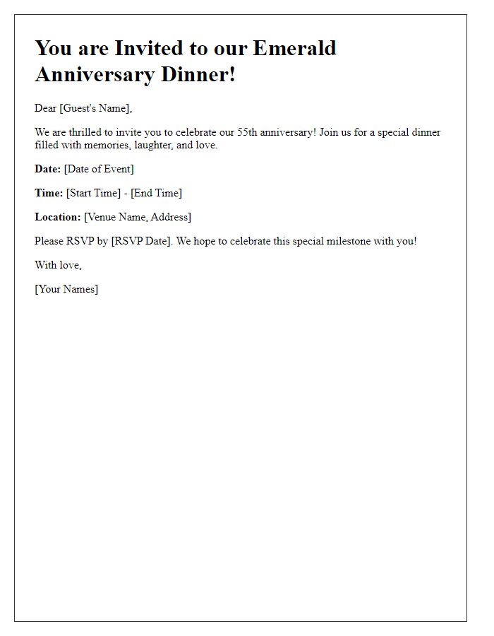 Letter template of emerald anniversary dinner invitation.