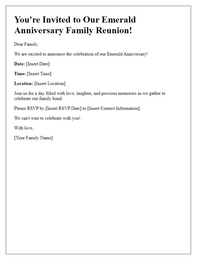 Letter template of emerald anniversary family reunion invitation.