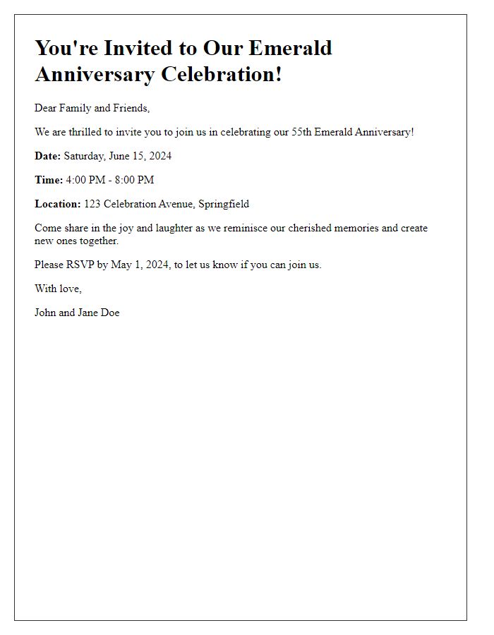 Letter template of emerald anniversary get-together invitation.