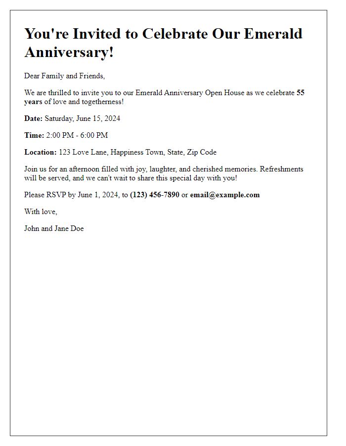 Letter template of emerald anniversary open house invitation.