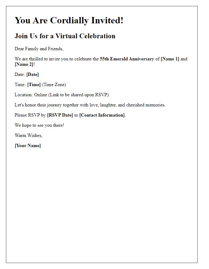 Letter template of emerald anniversary virtual celebration invitation.