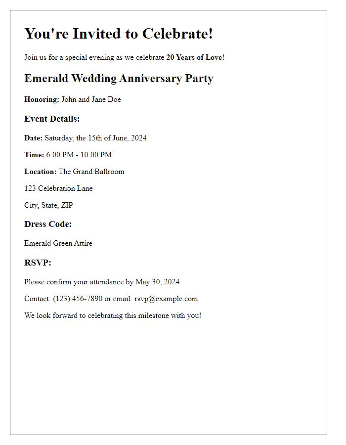 Letter template of emerald wedding anniversary party invitation.