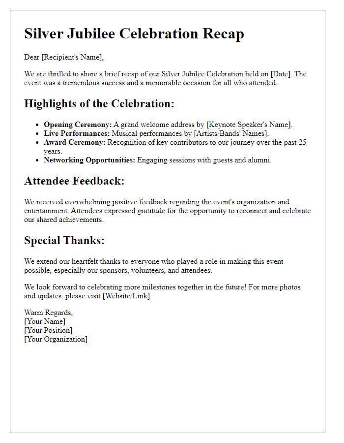 Letter template of event recap for silver jubilee celebration