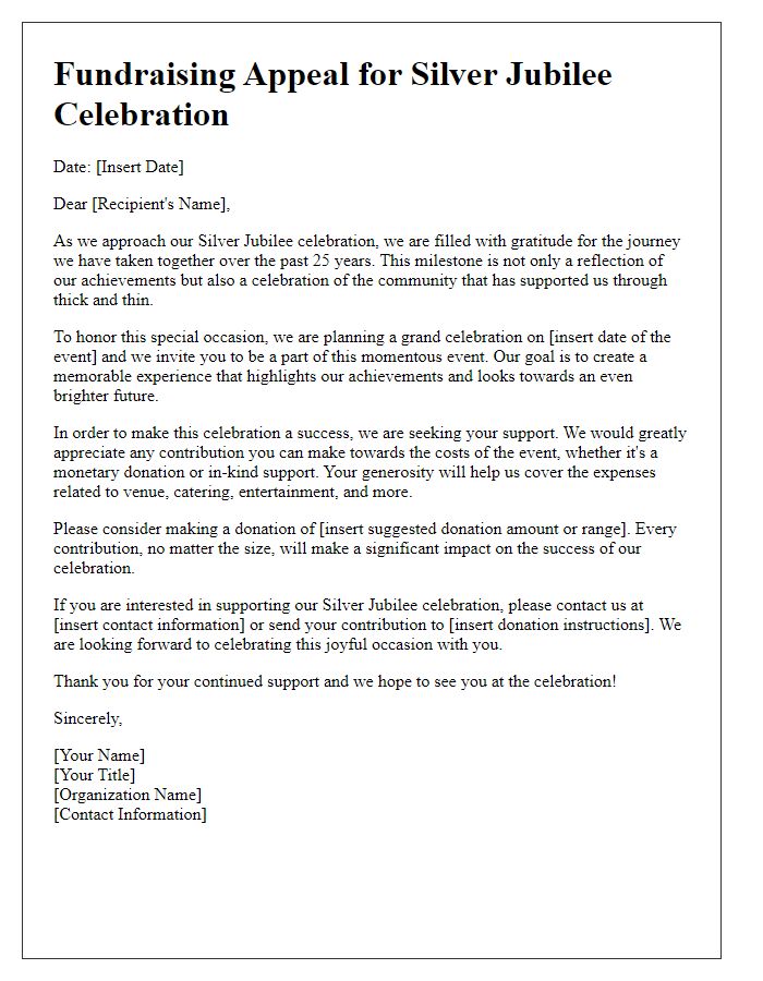 Letter template of fundraising appeal for silver jubilee celebration