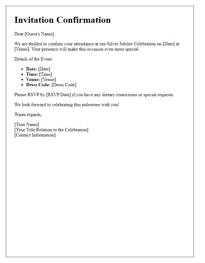 Letter template of guest confirmation for silver jubilee celebration