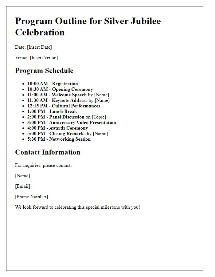 Letter template of program outline for silver jubilee celebration