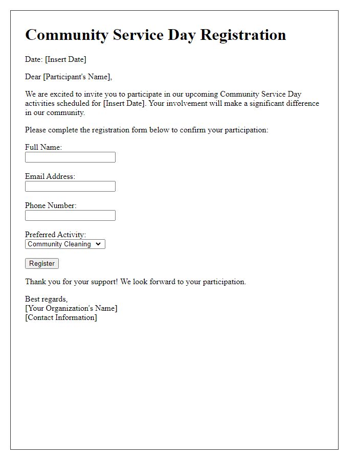 Letter template of registration for community service day activities