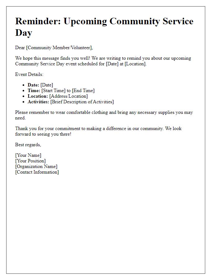 Letter template of reminder for community service day event