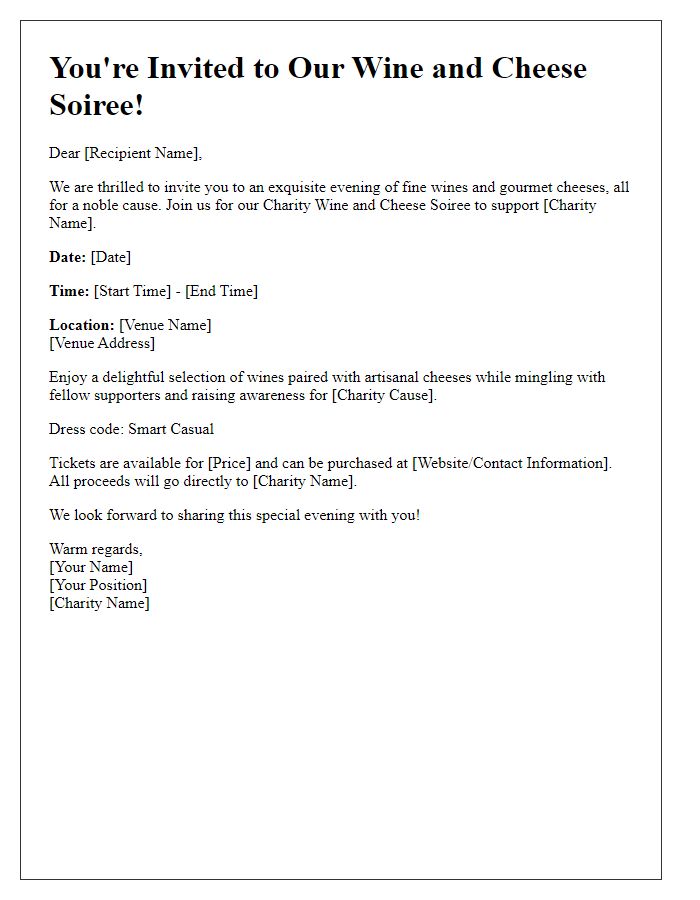 Letter template of a charity event invitation for a wine and cheese soire