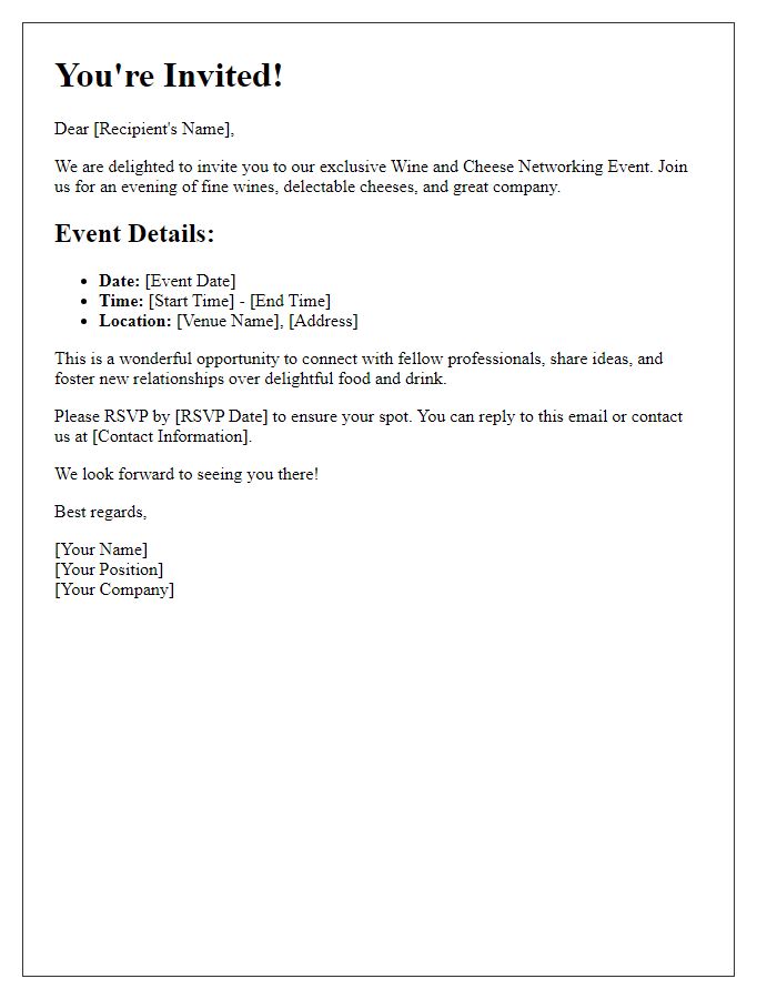 Letter template of a corporate invitation for a wine and cheese networking event