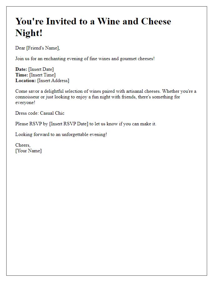 Letter template of a themed wine and cheese night invitation