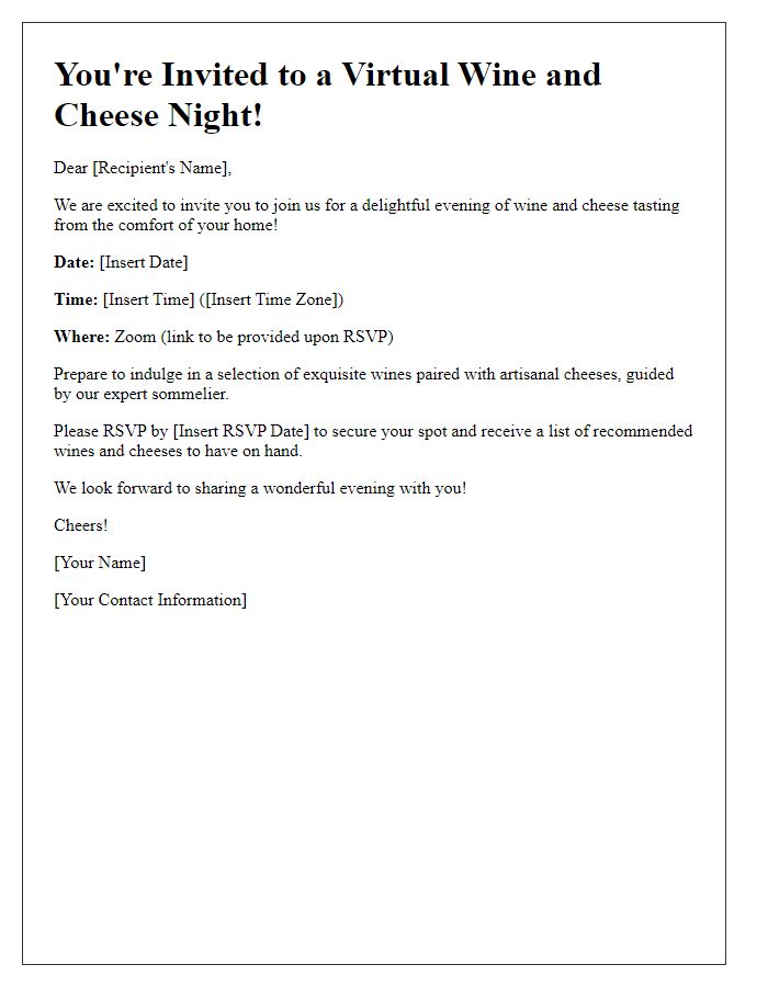 Letter template of a virtual invitation for an online wine and cheese event