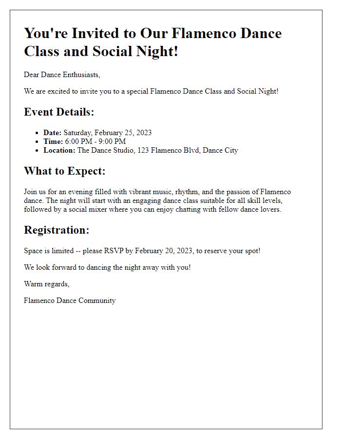 Letter template of Flamenco Dance Class and Social Night