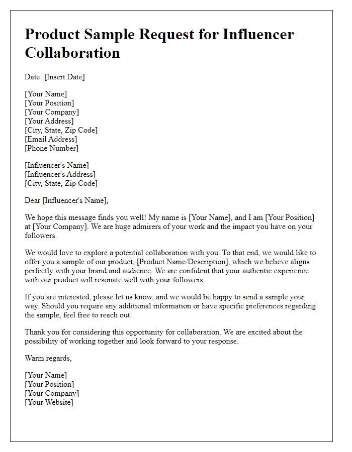 Letter template of product sample request for influencer collaboration