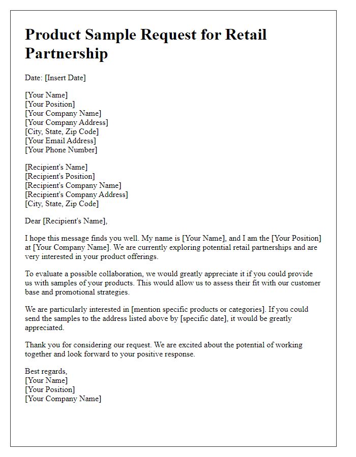 Letter template of product sample request for a retail partnership