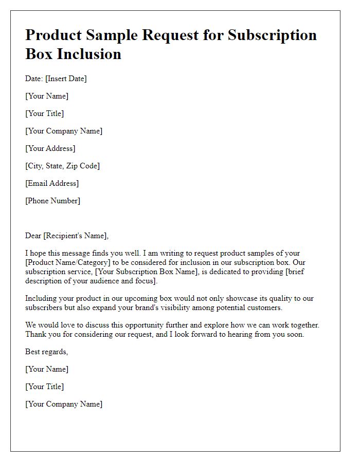 Letter template of product sample request for subscription box inclusion