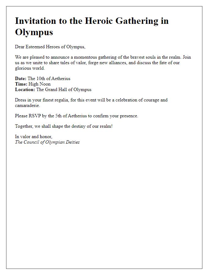 Letter template of a heroic gathering in the realm of Olympus