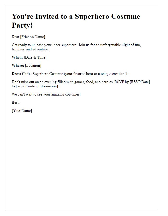 Letter template of invitation for superhero costume party