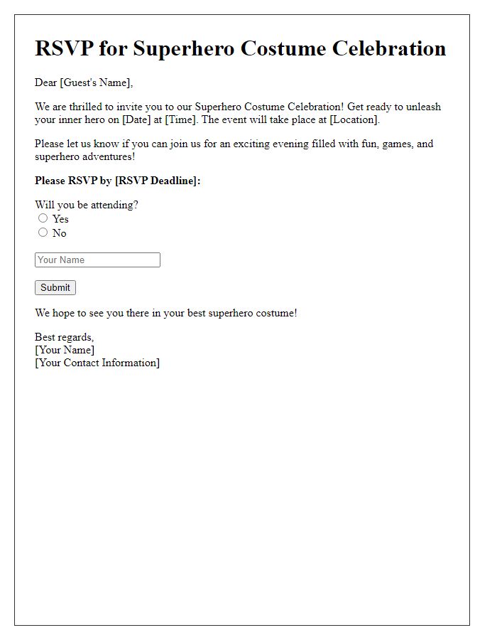 Letter template of RSVP for superhero costume celebration