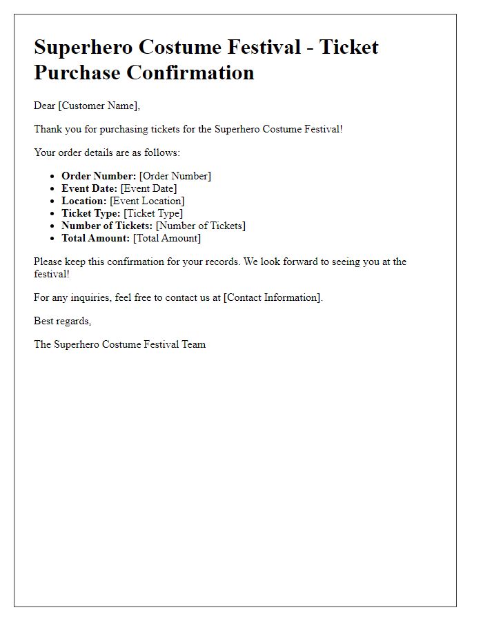 Letter template of ticket purchase for superhero costume festival