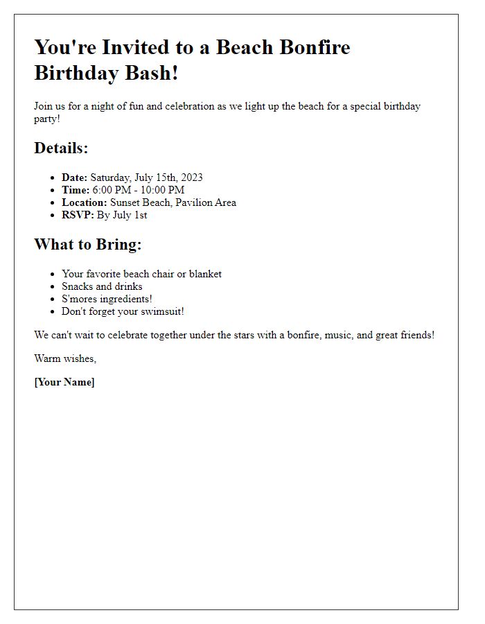 Letter template of beach bonfire party invitation for a birthday celebration