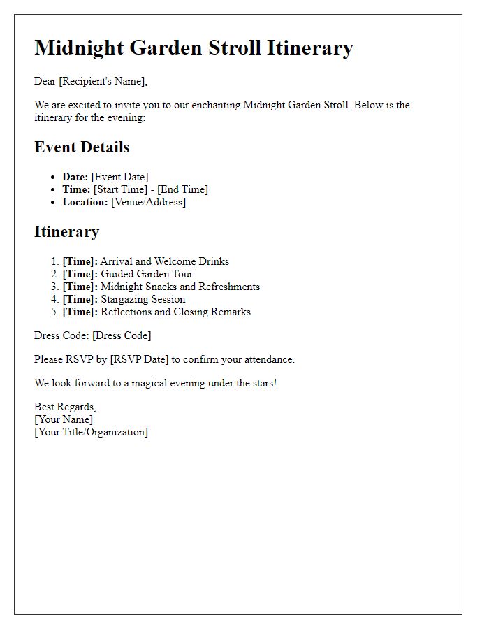 Letter template of event itinerary for midnight garden stroll