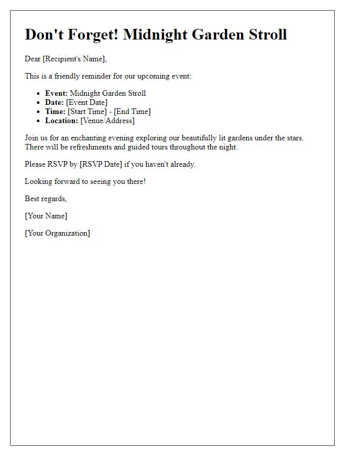 Letter template of event reminder for midnight garden stroll
