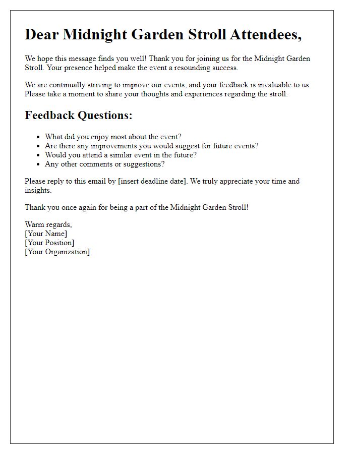 Letter template of feedback request for midnight garden stroll attendees