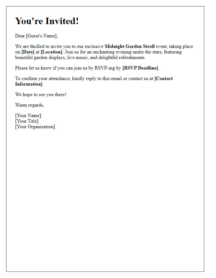 Letter template of RSVP request for midnight garden stroll event