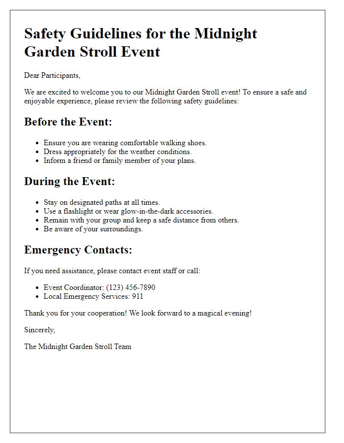 Letter template of safety guidelines for midnight garden stroll event