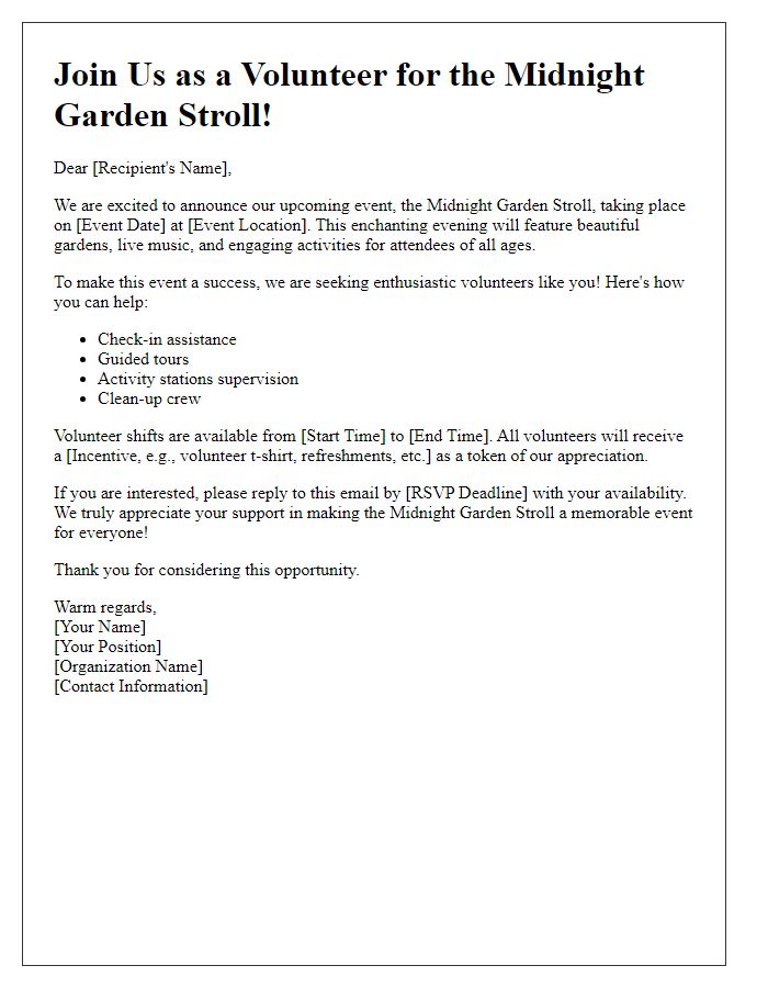 Letter template of volunteer recruitment for midnight garden stroll event