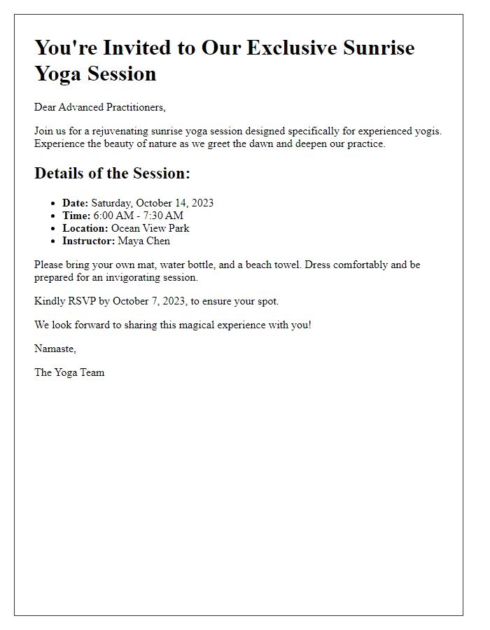 Letter template of sunrise yoga session invite for advanced practitioners.