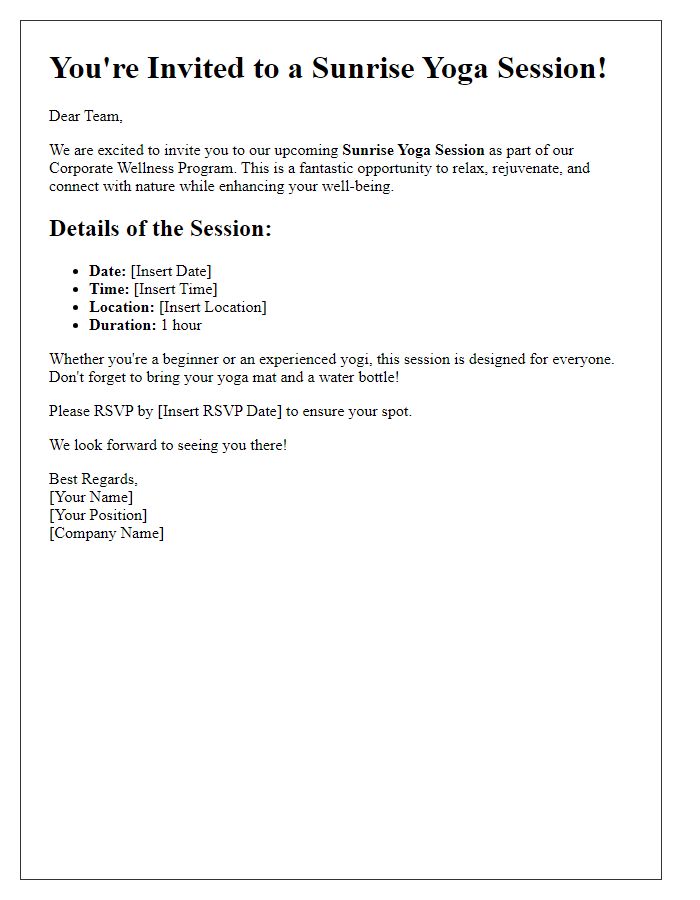 Letter template of sunrise yoga session invite for corporate wellness programs.