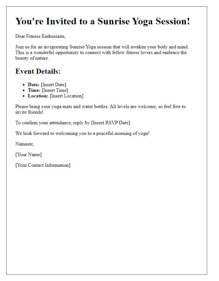 Letter template of sunrise yoga session invite for fitness groups.